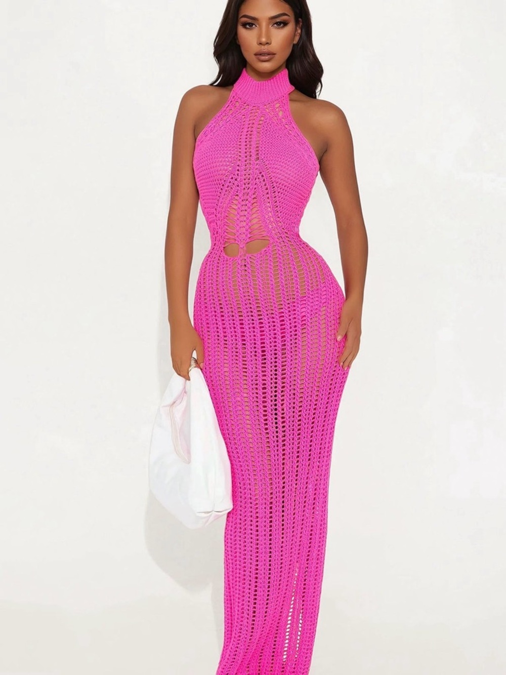 Fashion Nova Hot Pink Crochet Halter Maxi Dress